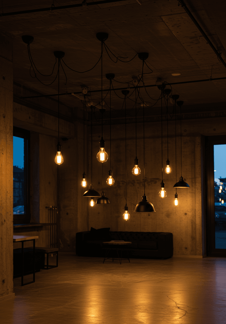 Black industrial pendant lights with Edison bulbs creating warm ambient lighting over modern reception space