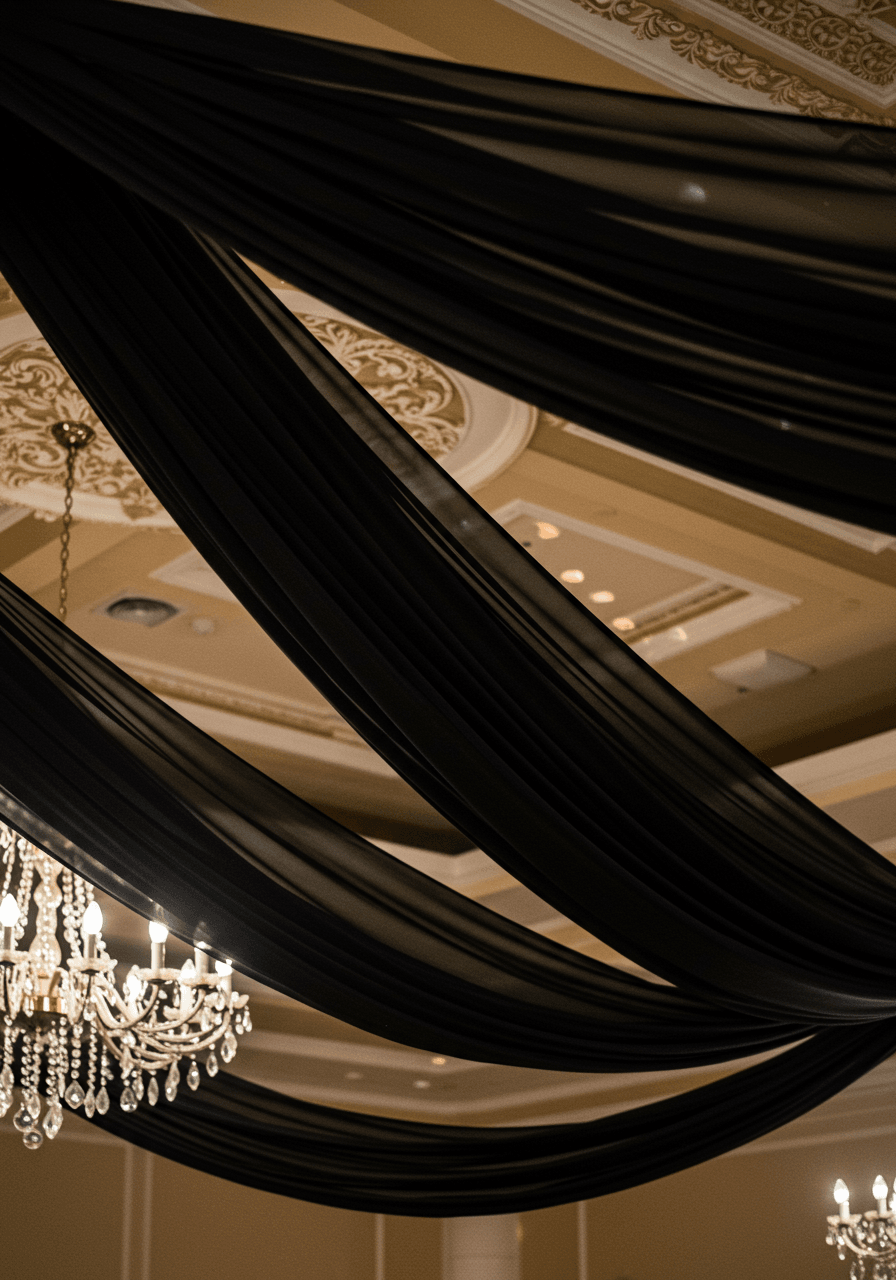 Luxurious black silk and chiffon ceiling draping installation complemented by sparkling crystal chandeliers