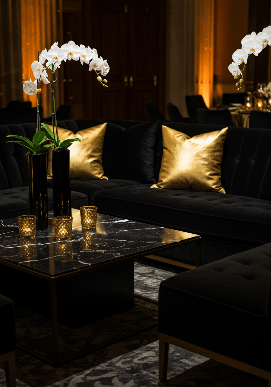 Dramatic angle of black velvet lounge seating with marble coffee table and fresh orchids