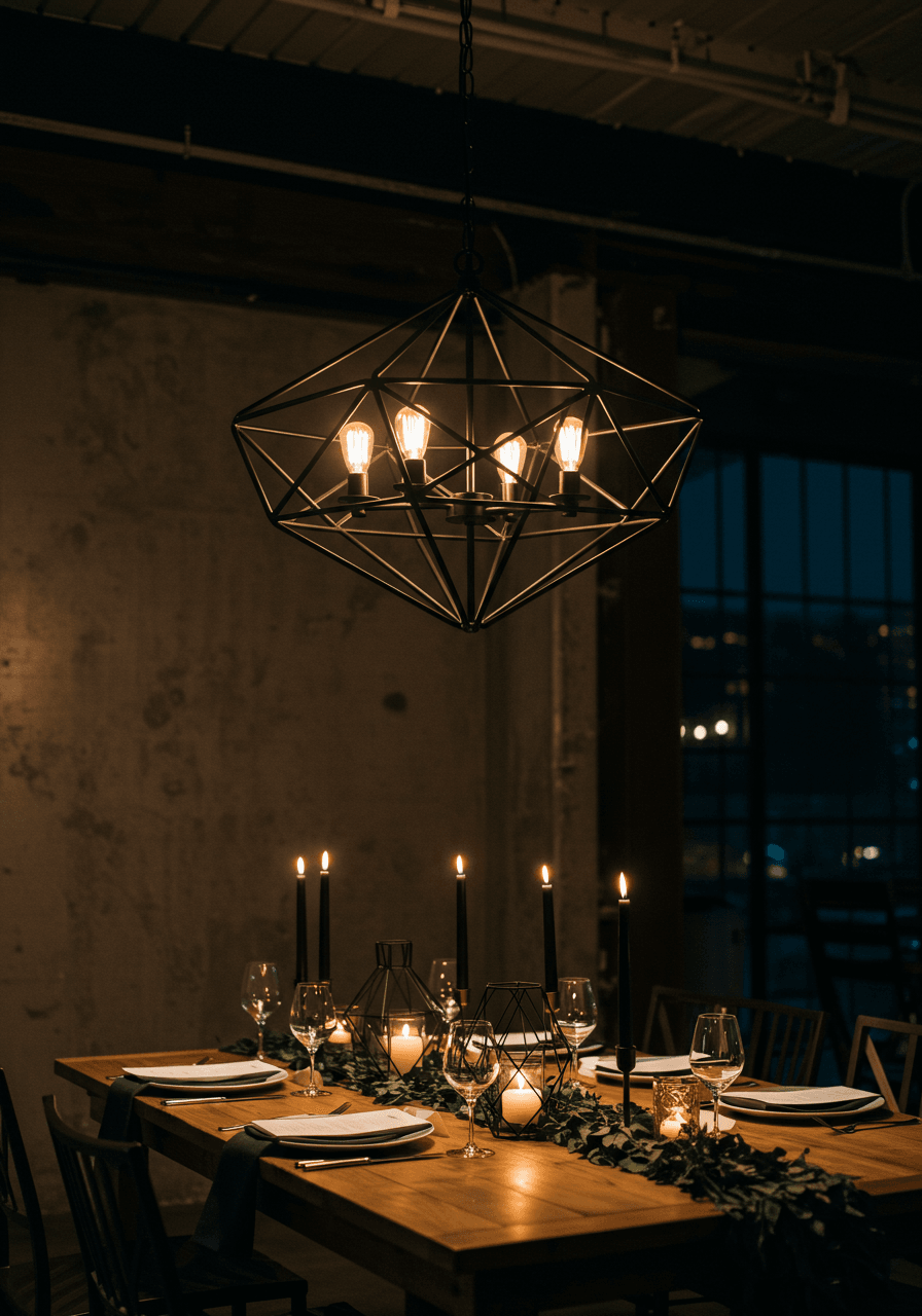 Modern black iron geometric chandelier with Edison bulbs suspended above elegant dinner table in industrial loft