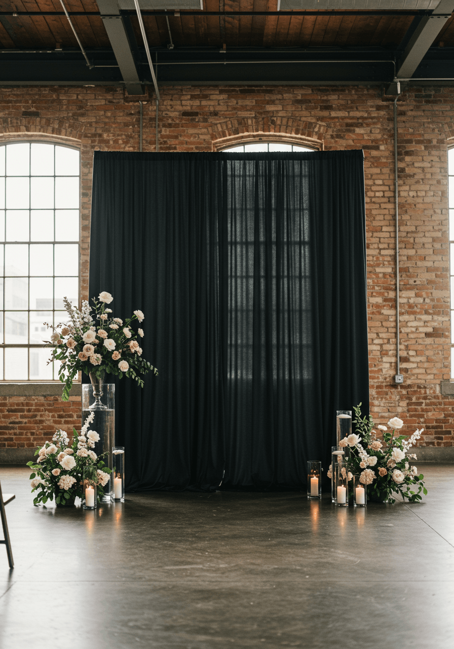 Simple black fabric drape backdrop with gracefully flowing panels in modern loft altar setup