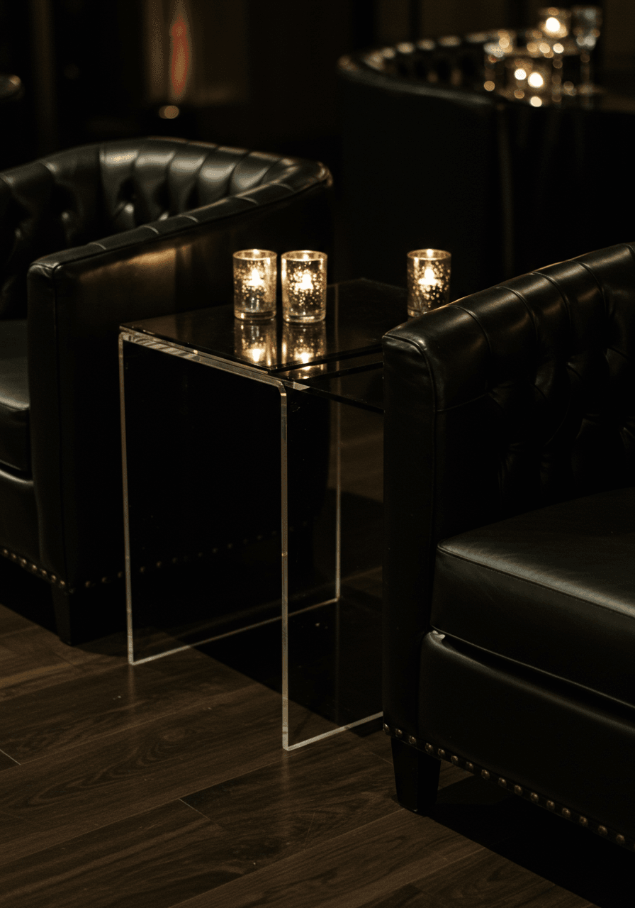 Two elegant black leather armchairs with sleek acrylic side table in contemporary wedding lounge