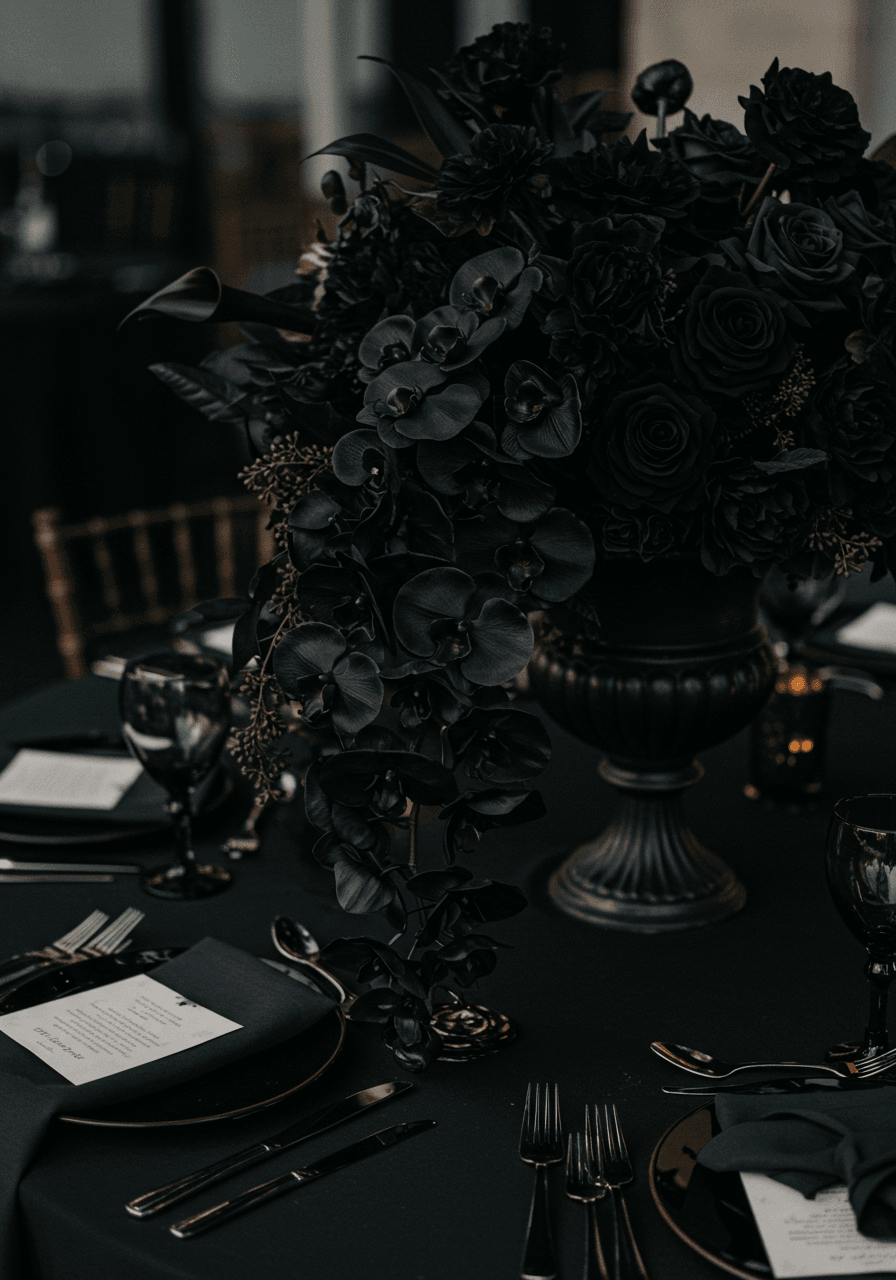 Opulent black orchid wedding centerpiece with gracefully cascading blooms in modern industrial venue setting