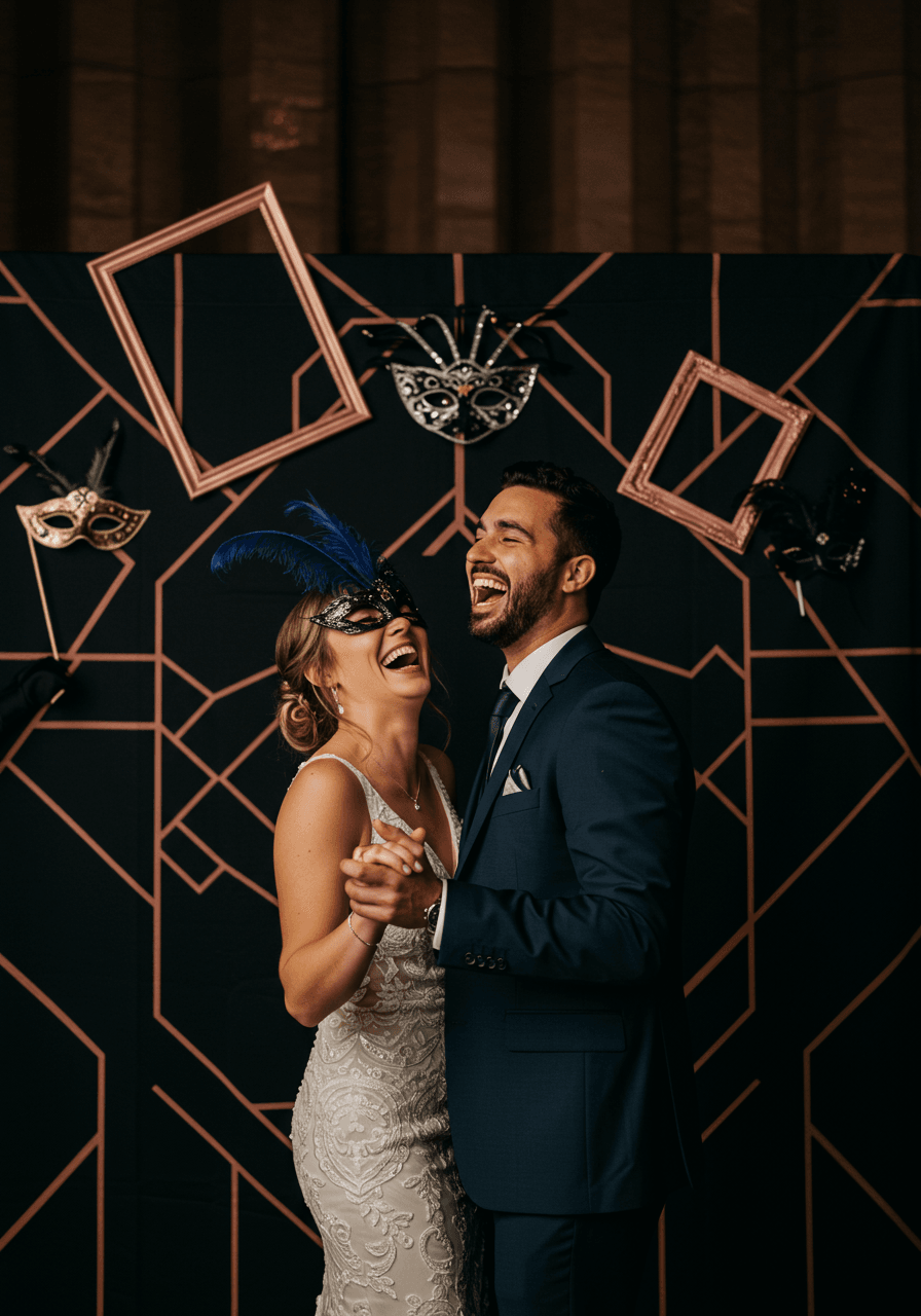 Dancing couple at elegant geometric photo booth backdrop with shimmering metallic elements