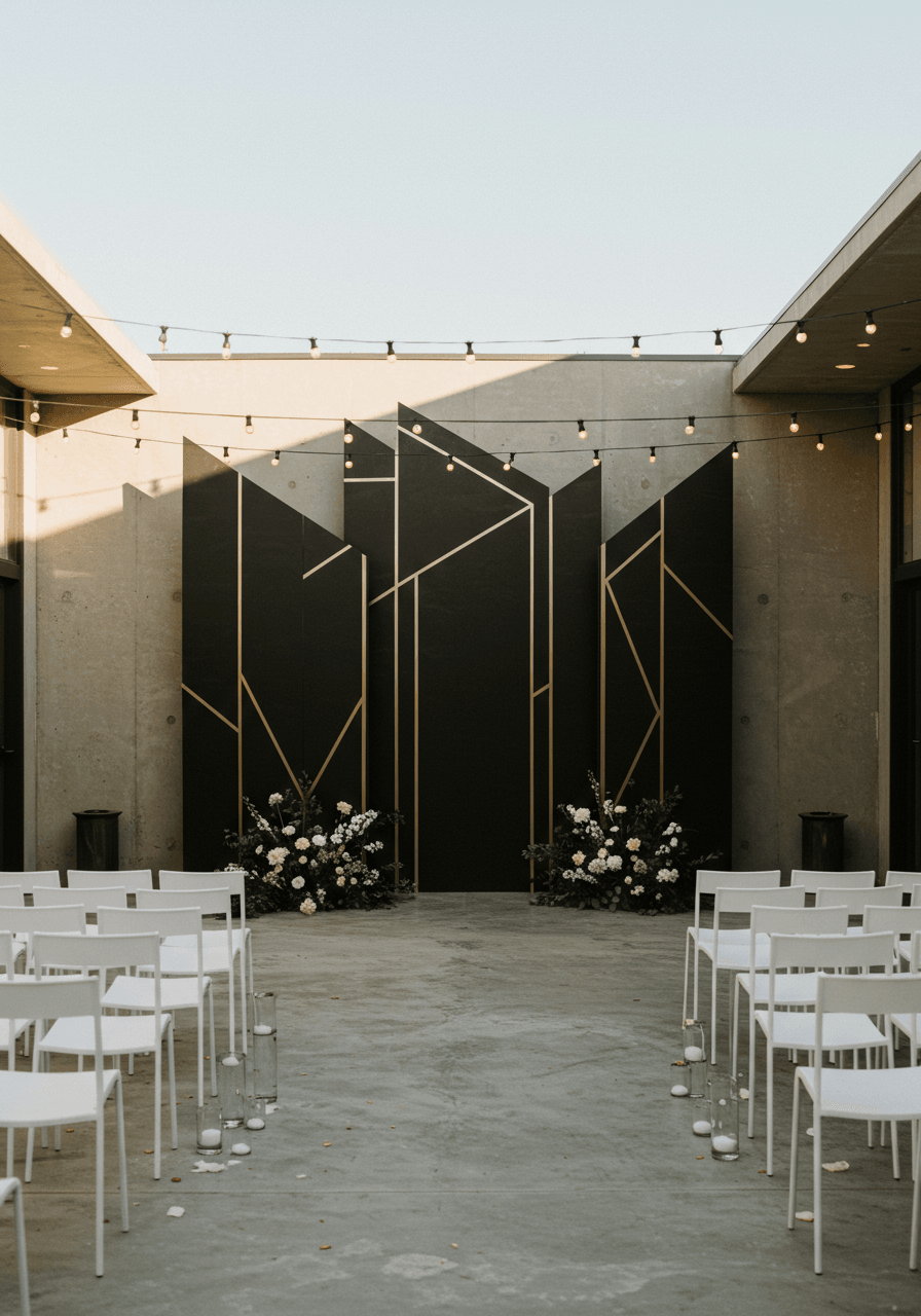Sleek black geometric wedding arch backdrop featuring angular design in modern courtyard ceremony space