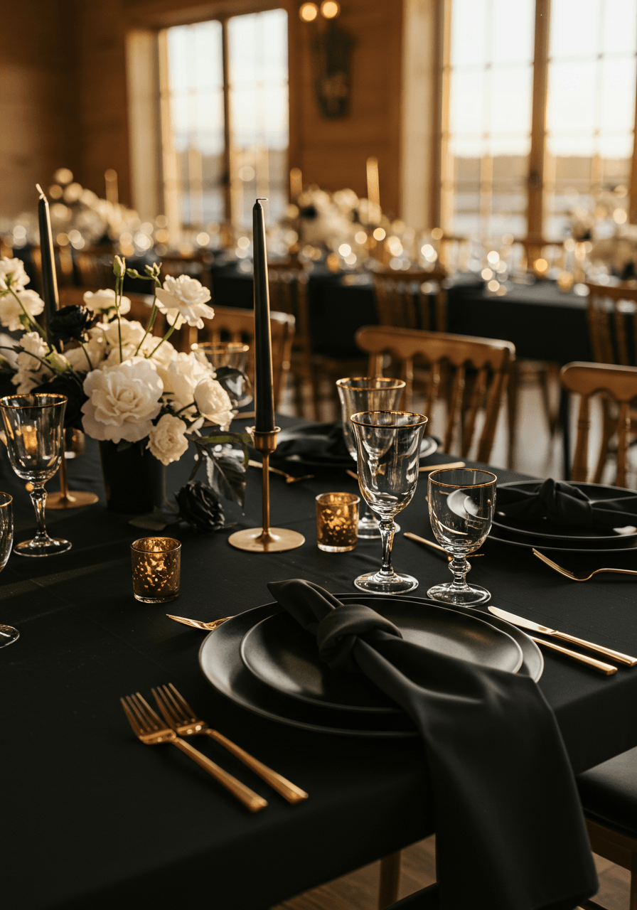 Upscale black and gold wedding table setting featuring sophisticated matte dinnerware and gleaming glassware