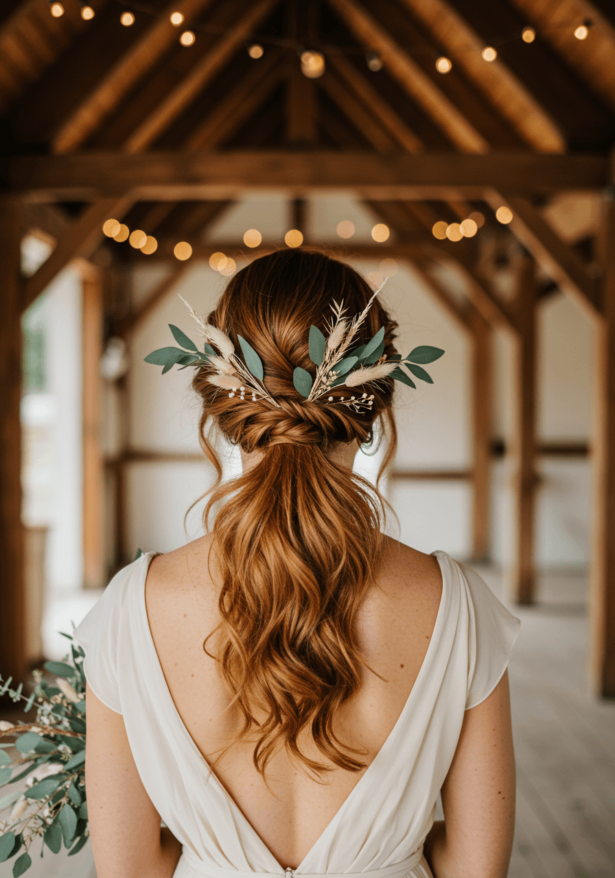 Low angle of bohemian ponytail with dried pampas grass and gold pins against wooden beams