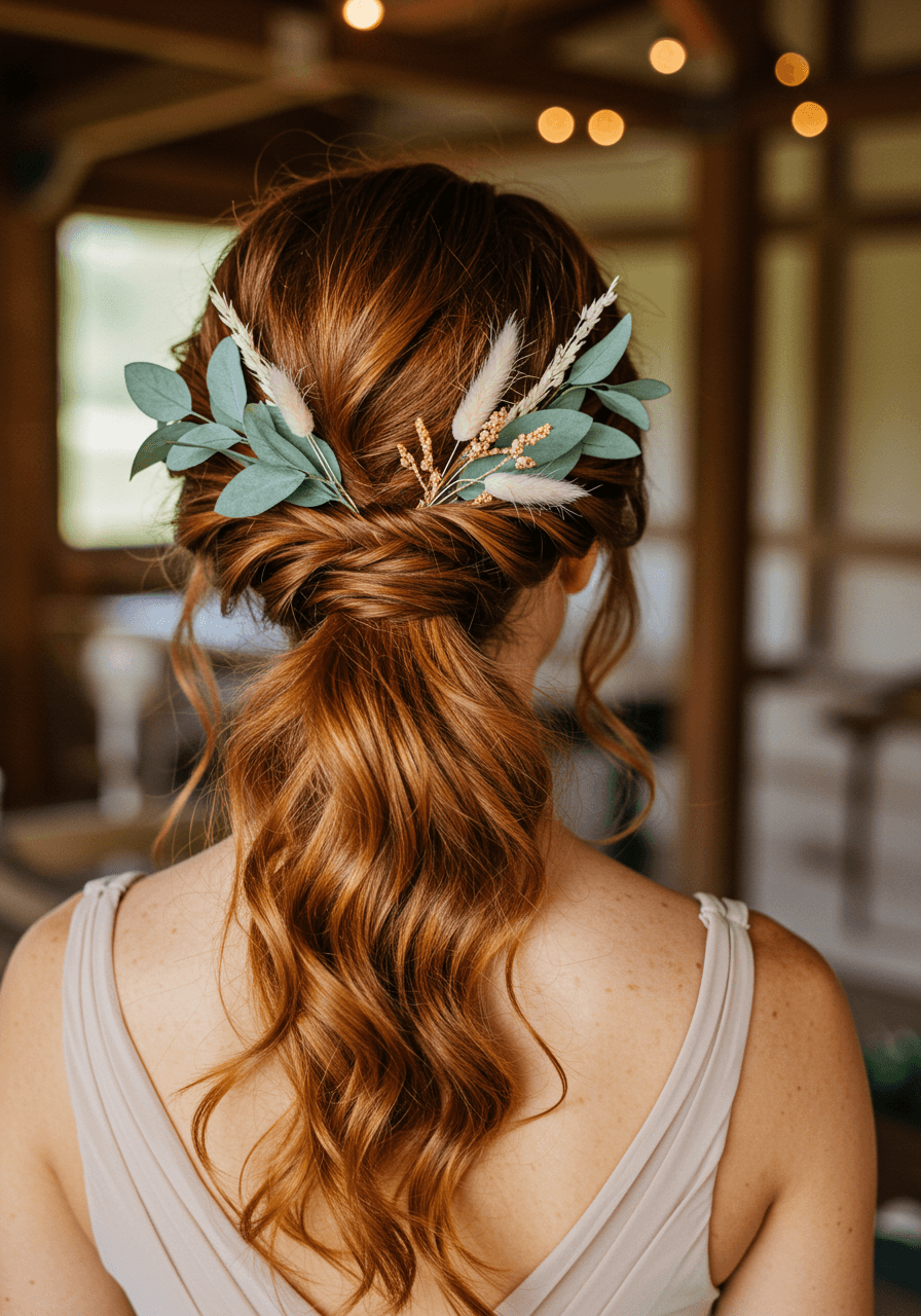 Auburn bridesmaid with messy textured ponytail adorned with eucalyptus sprigs at rustic venue