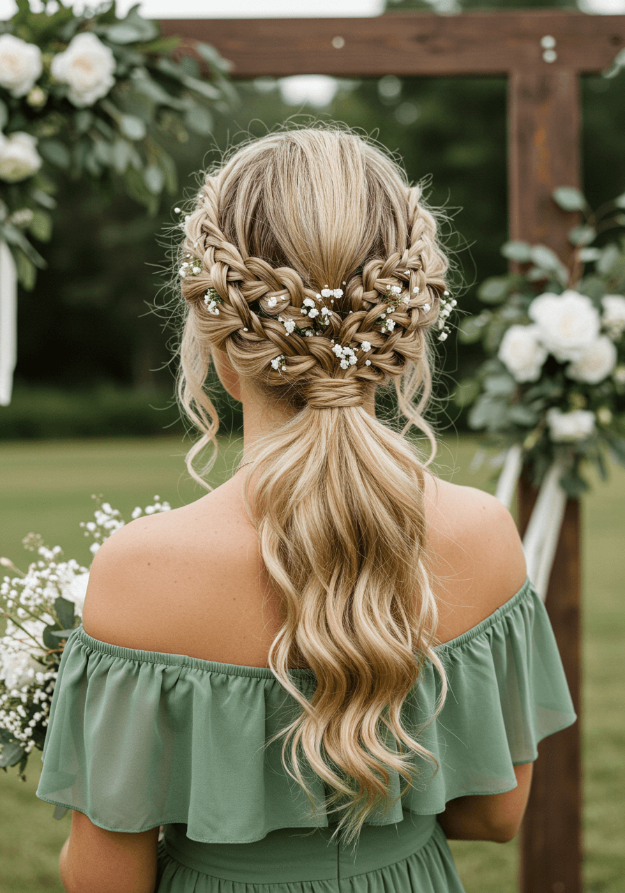 Detail of blonde bridesmaid with Dutch braid crown and voluminous low ponytail at rustic wooden arbour
