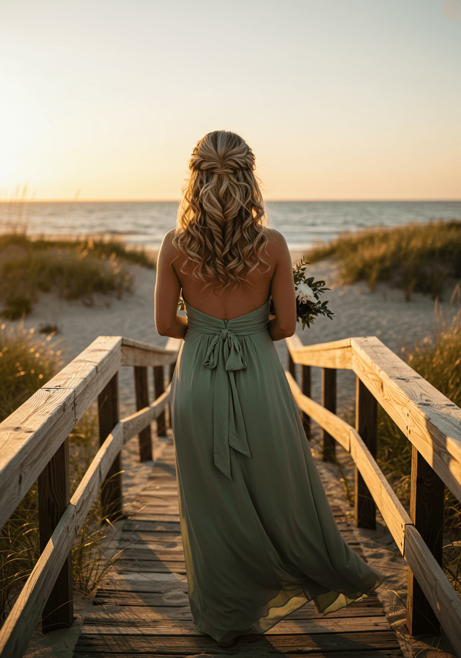 Bridesmaid in sage green gown with beach wave ponytail on sandy boardwalk at golden hour sunset