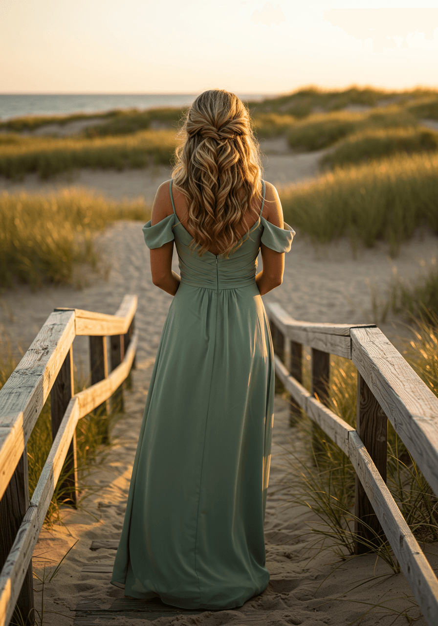 Detail of textured beach wave low ponytail with face-framing pieces and flowing dress fabric