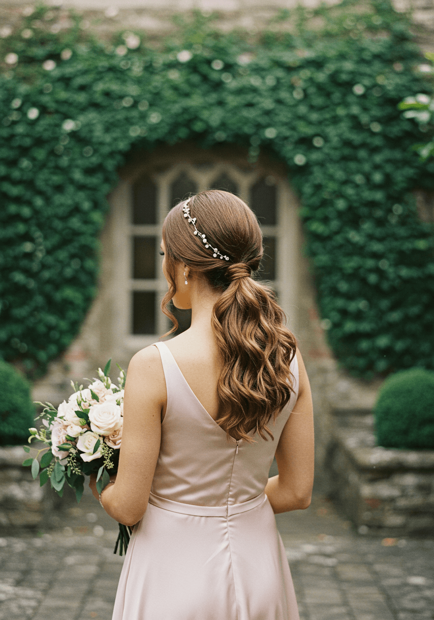 Bridesmaid wearing blush pink satin gown with sleek low ponytail and pearl hair accessories in sunlit garden courtyard