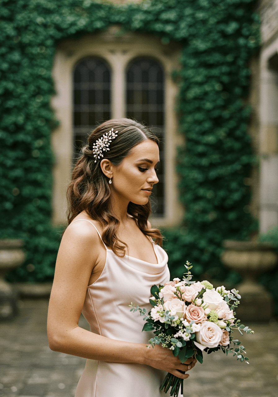 Detail of glossy chestnut low ponytail featuring loose textured waves and delicate pearl hair accessories
