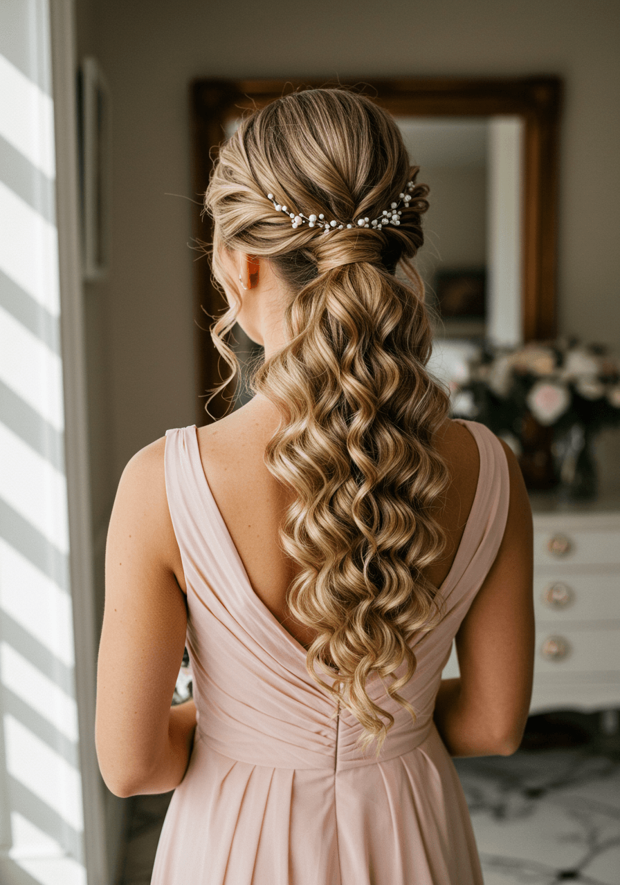 Bridesmaid in blush pink gown with elaborate bubble ponytail featuring multiple textured sections