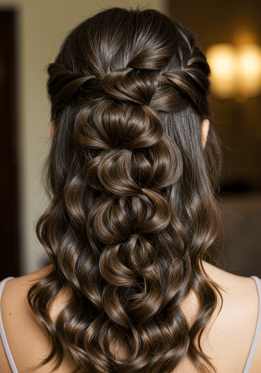 Detail of textured bubble ponytail with golden highlights and dimensional brunette colour