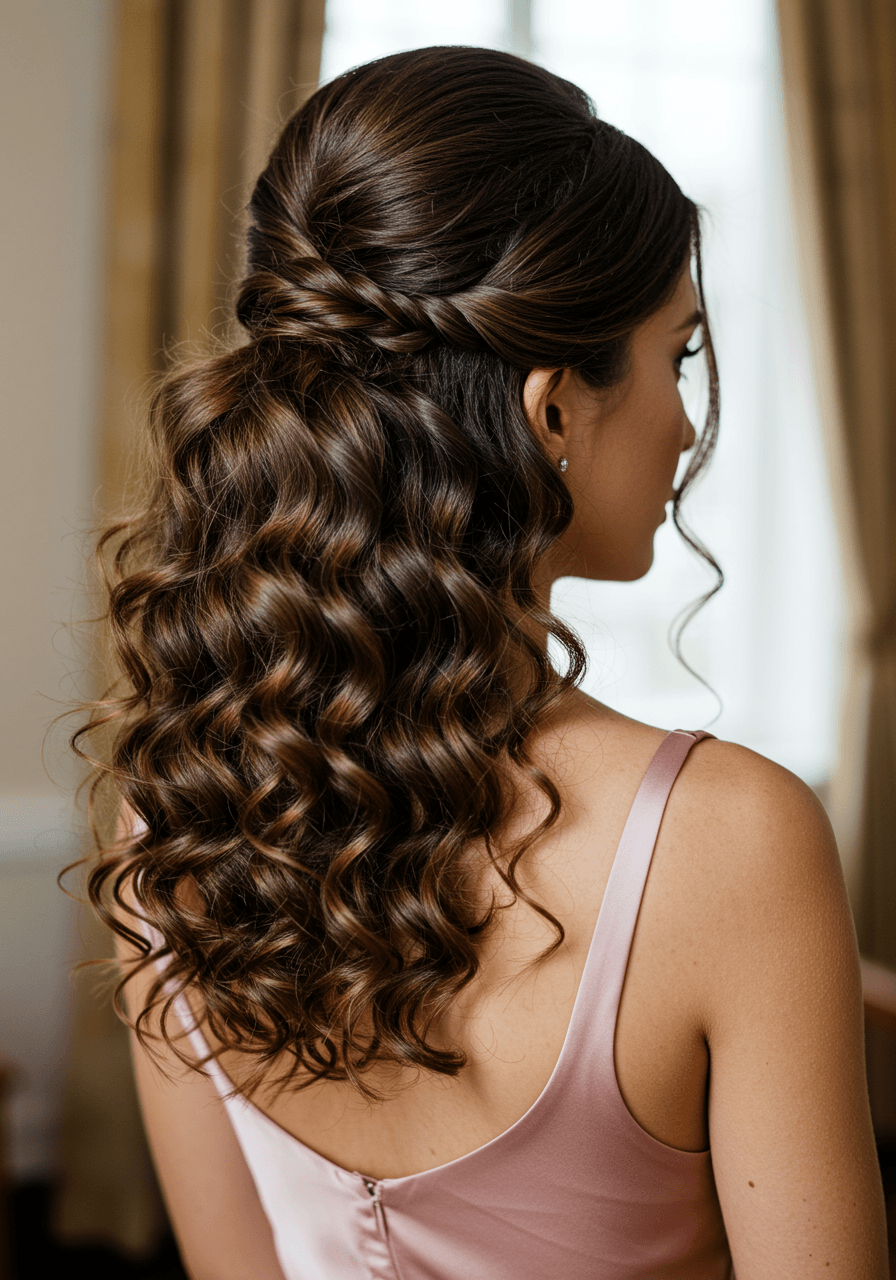 Profile of brunette bridesmaid with defined curly ponytail in dusty rose gown inside elegant suite