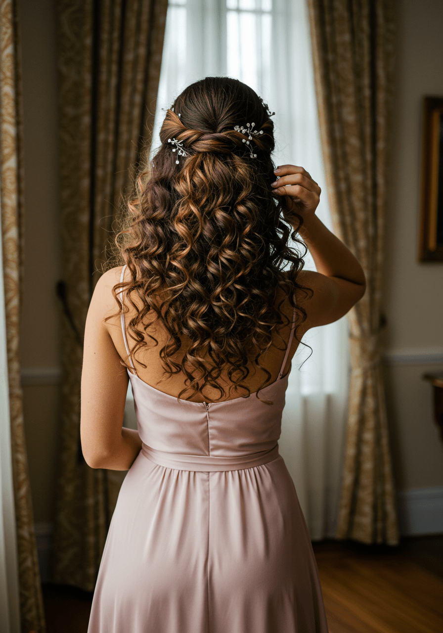 Full-length view of bridesmaid with voluminous curly low ponytail near vintage French doors