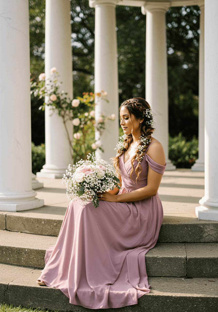 Three-quarter angle of bridesmaid with elaborate braided crown hairstyle amongst white columns and climbing roses