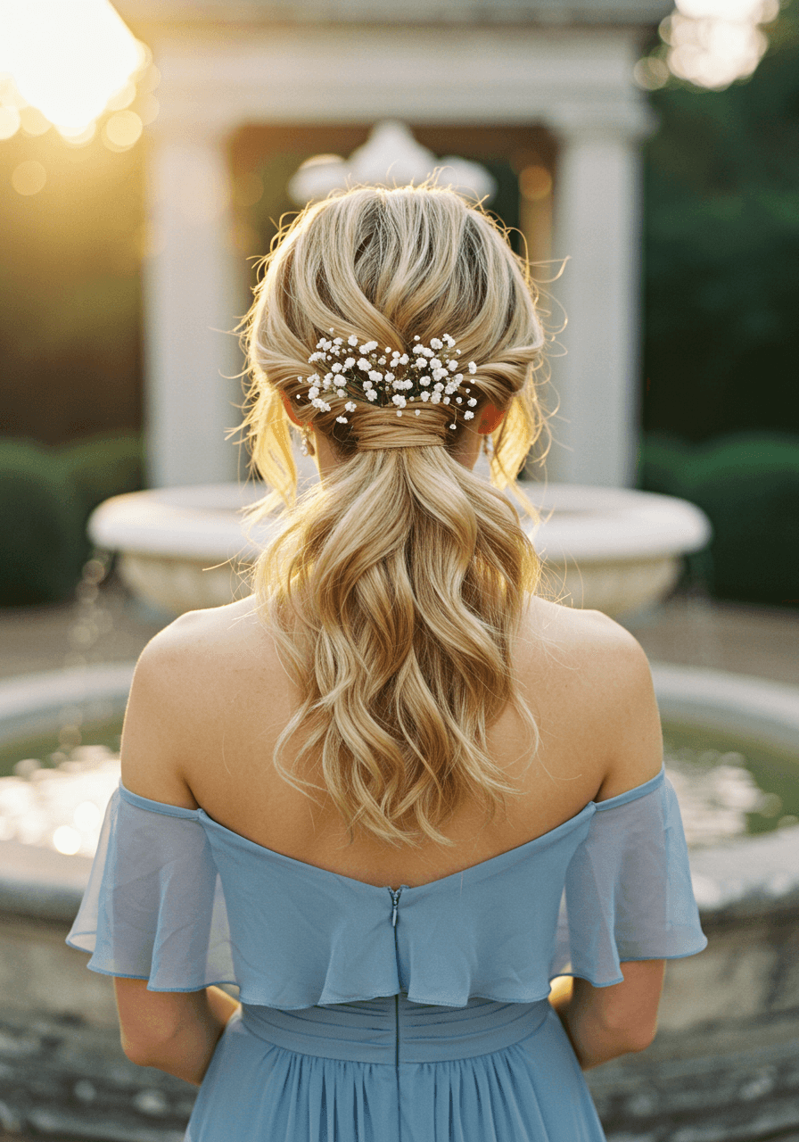 Rear view of bridesmaid in dusty blue chiffon with textured low ponytail beside marble fountain at golden hour