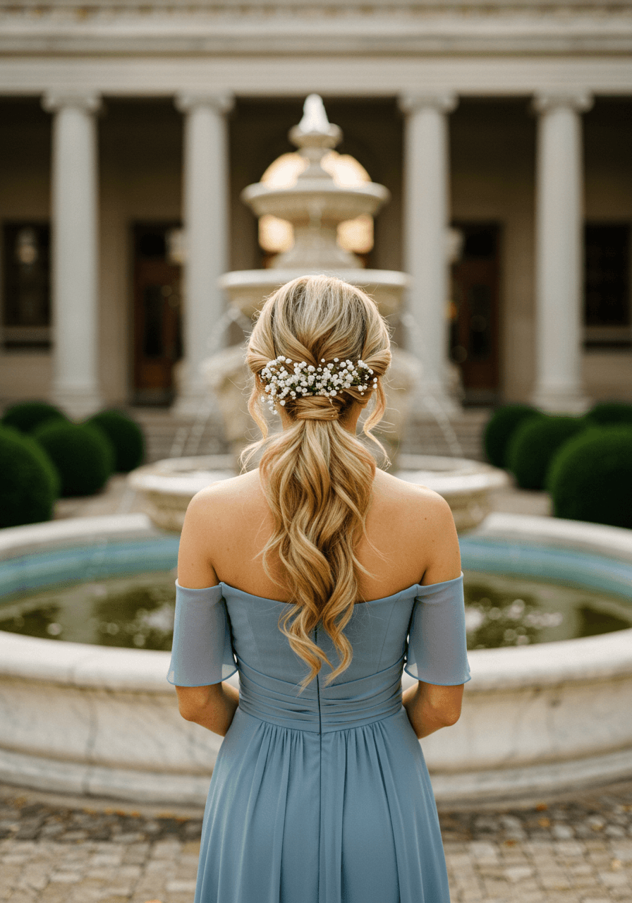 Wide shot of bridesmaid with low ponytail adorned with baby's breath flowers in estate garden setting