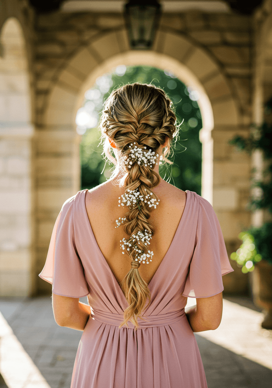Bridesmaid with elegant rope braid ponytail in dusty rose gown at stone courtyard during golden hour