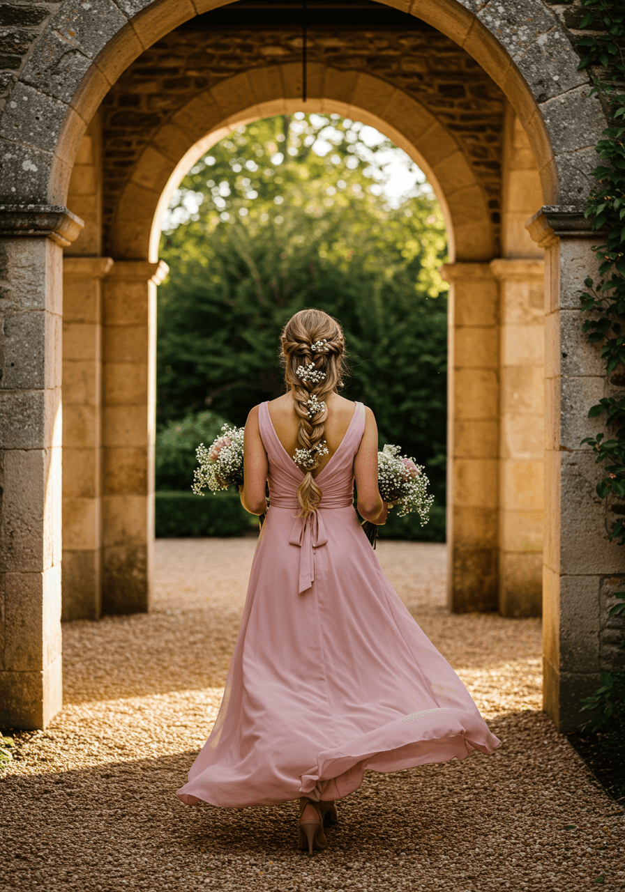 Three-quarter view of bridesmaid walking through stone archways with rope braid and baby's breath details