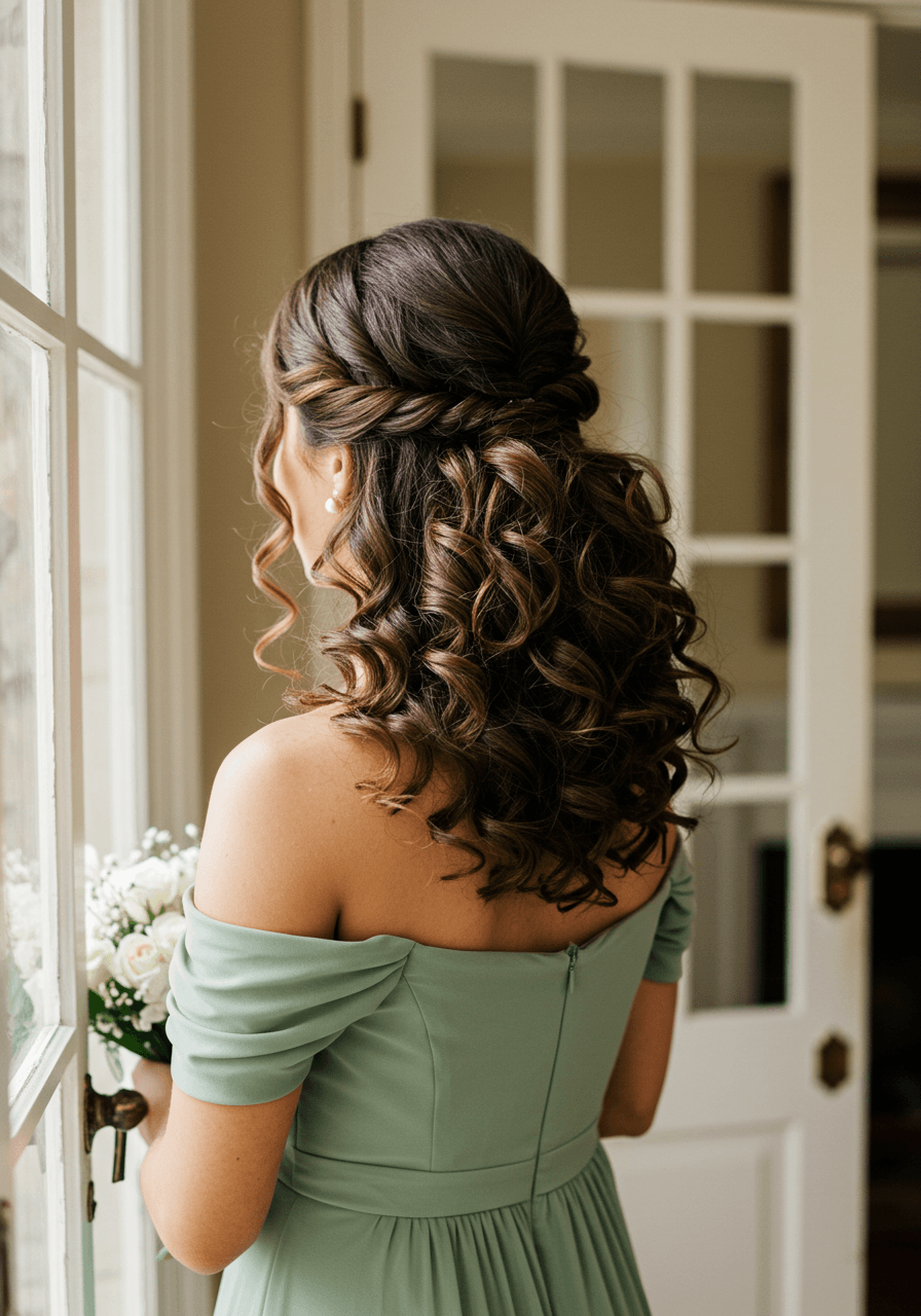 Profile of bridesmaid in sage green with thick curly low ponytail beside vintage French doors