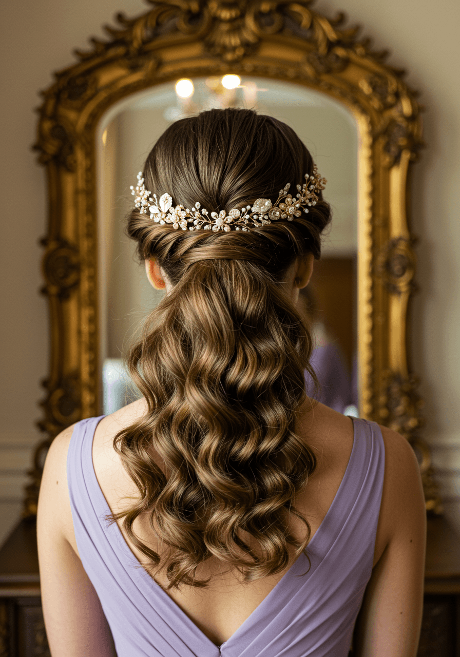Rear view of crimped high ponytail with silk ribbon and gold accessories reflected in ornate vintage mirror