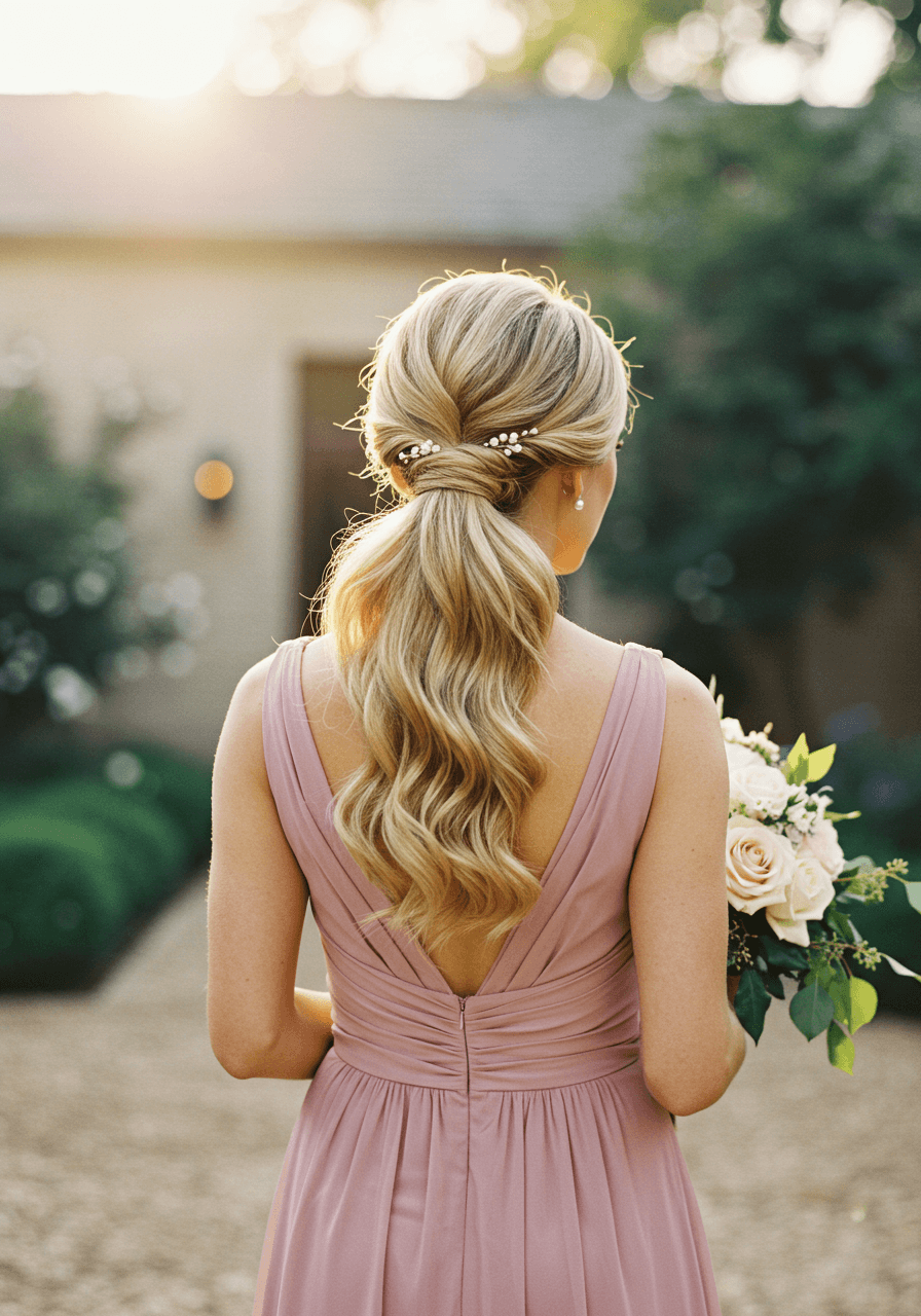 Bridesmaid in dusty rose chiffon with dramatic side-swept ponytail and pearl pins in garden courtyard