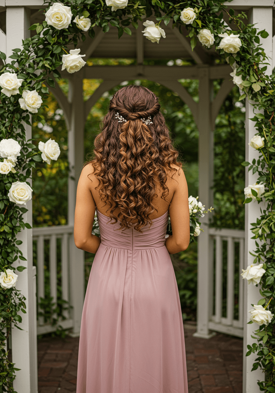 Bridesmaid in dusty rose with voluminous curly low ponytail in garden gazebo with white roses