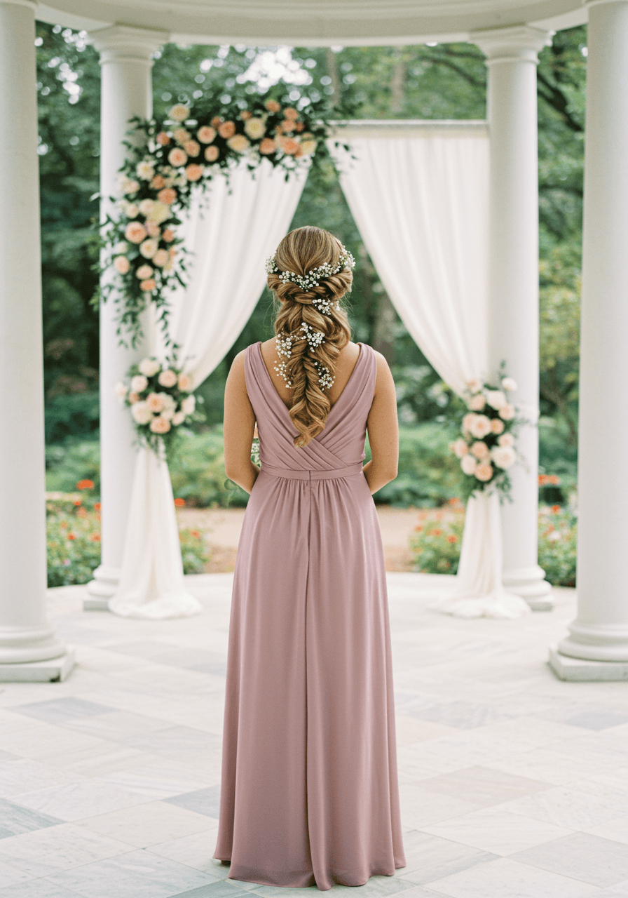 Bridesmaid in dusty rose with half-up twisted ponytail and baby's breath in garden pavilion