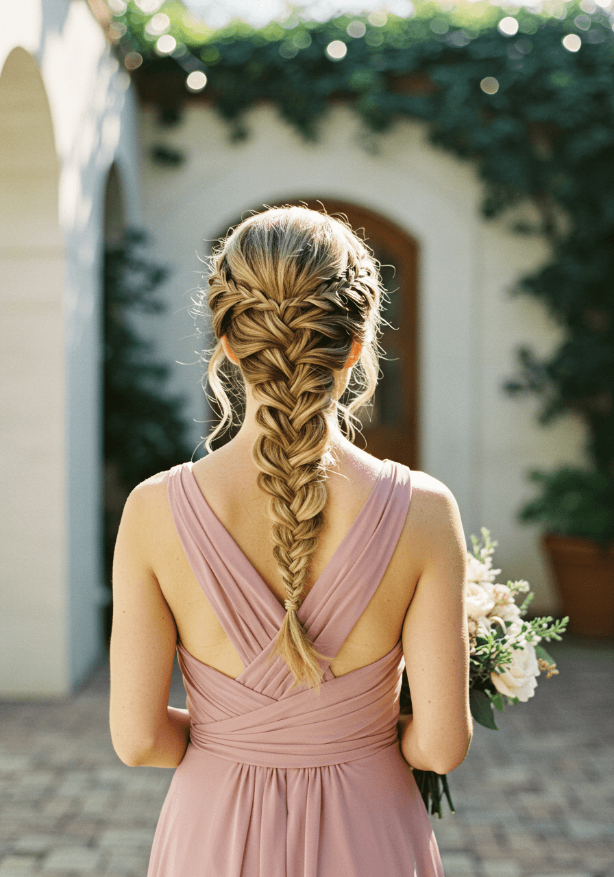 Bridesmaid in dusty rose chiffon with Dutch braid flowing into side ponytail in garden courtyard