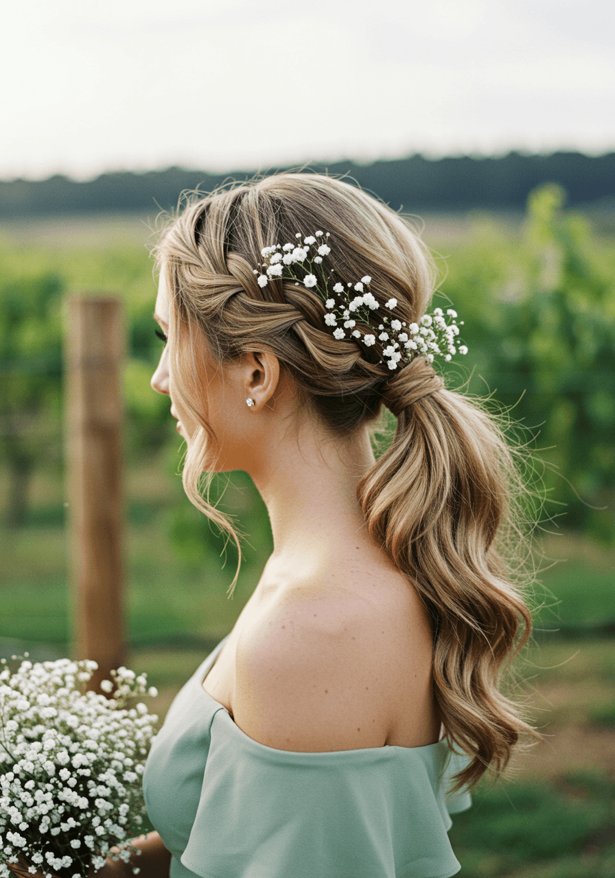 Profile of bridesmaid with Dutch braid side ponytail and baby's breath in outdoor vineyard setting
