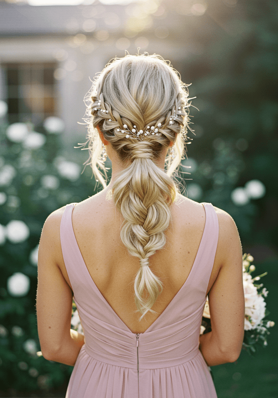 Bridesmaid with platinum blonde fishtail braid wrapped ponytail amongst white roses during golden hour