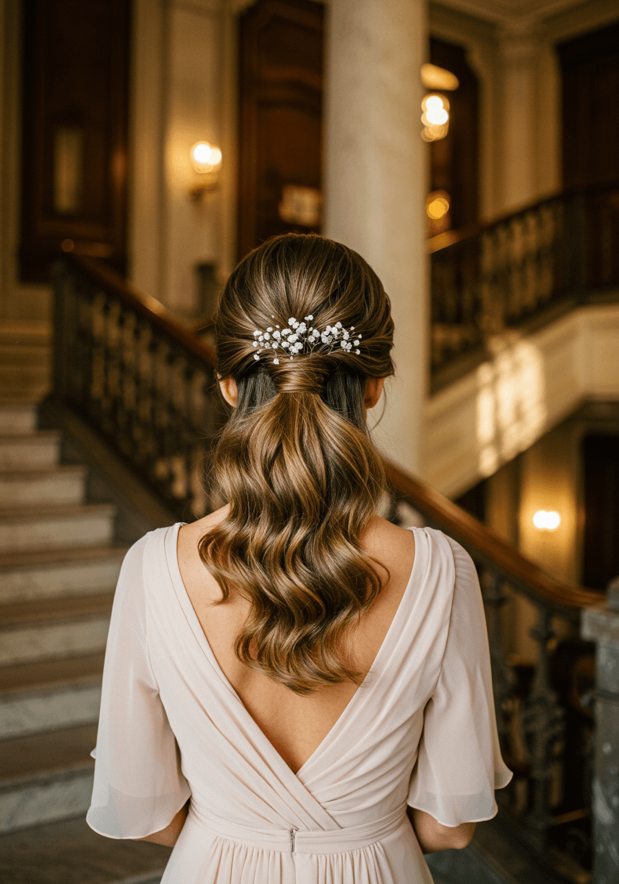 Bridesmaid with crimped high ponytail texture and baby's breath near marble staircase during golden hour