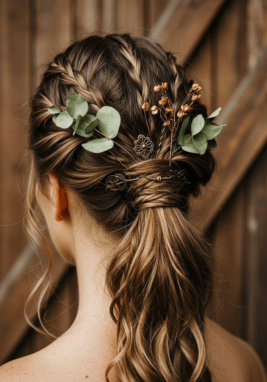 Detail of textured ponytail with small braids, vintage gold pins, and eucalyptus against barn door