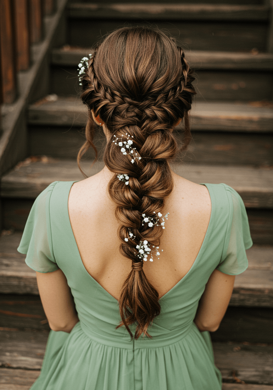 Detail of chestnut ponytail with side fishtail braid and baby's breath on vintage barn steps