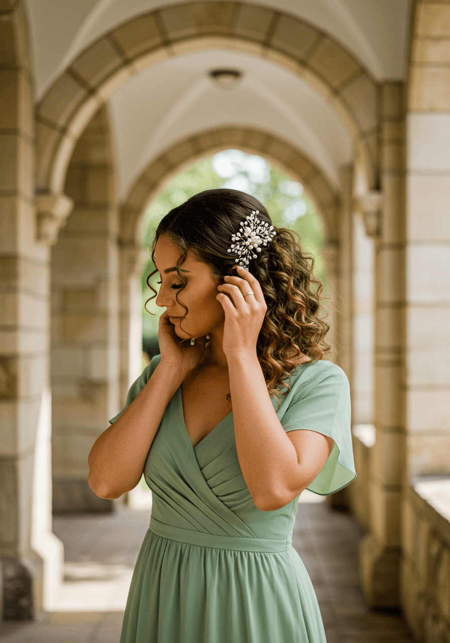 Detail of bridesmaid adjusting pearl accessories in curly textured ponytail against stone textures