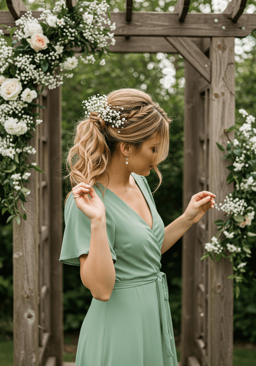Bridesmaid adjusting messy textured ponytail with white flowers woven through honey-toned hair