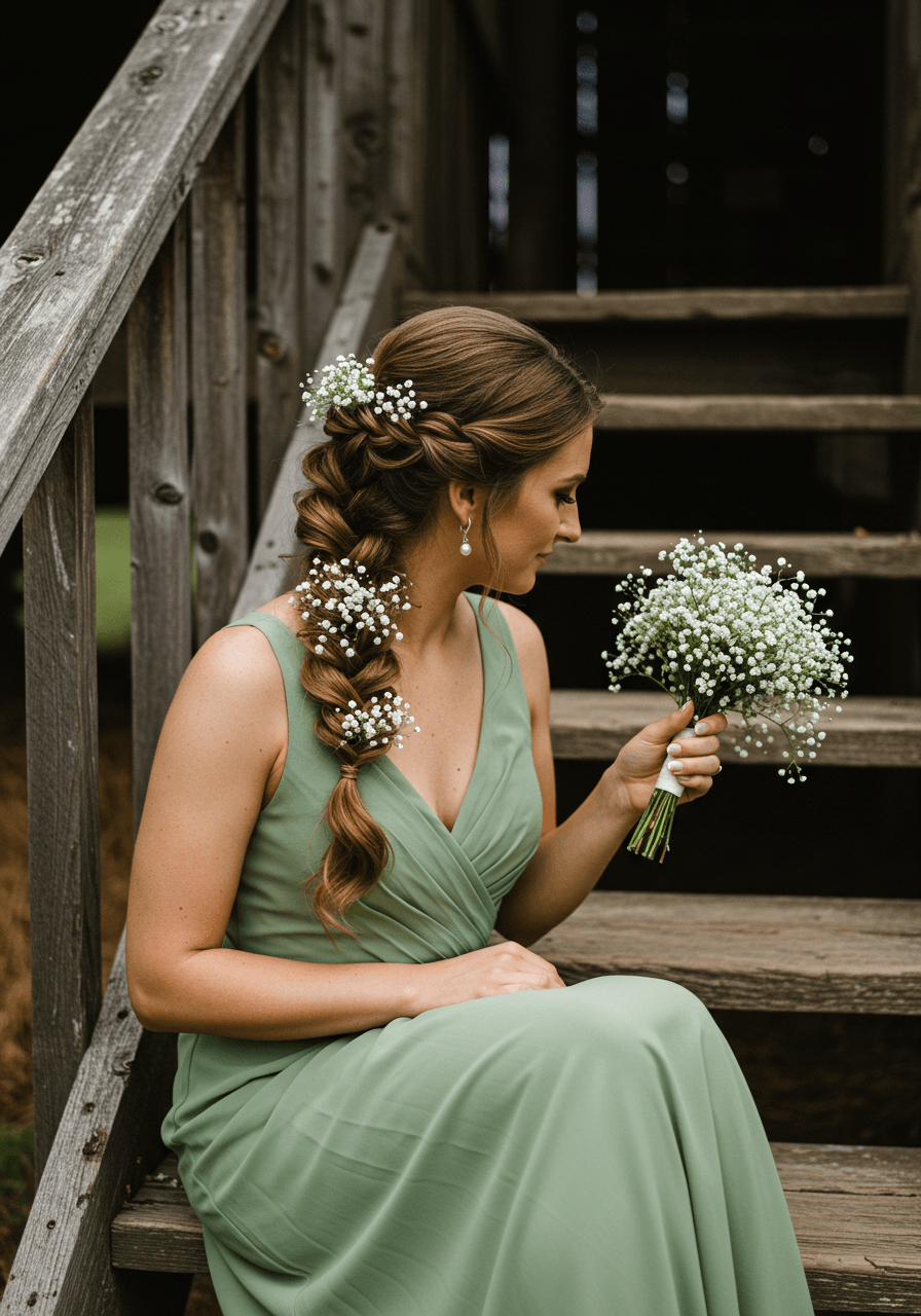 Bridesmaid in sage green gown sitting on rustic wooden steps with fishtail braid detail