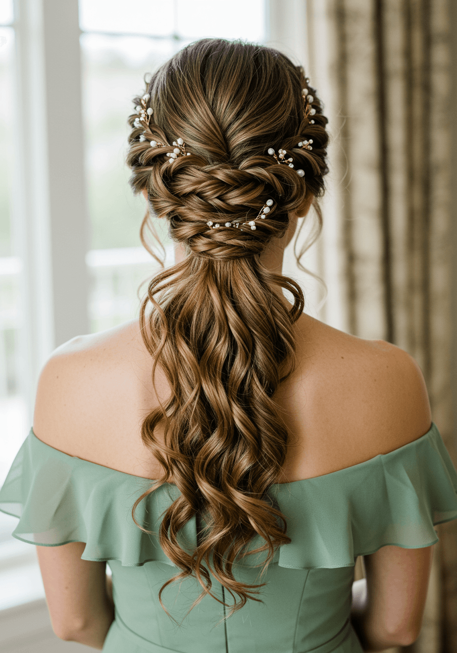 Rear view of sage green bridesmaid with half-up twisted ponytail and pearl pins in bridal suite