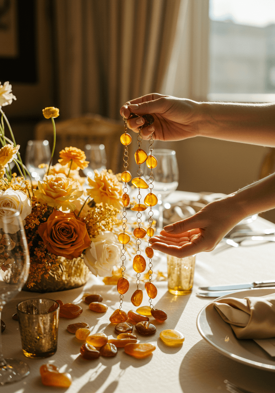 Bride's hands holding elegant amber and gold wedding centrepiece with cascading beads and warm-toned flowers