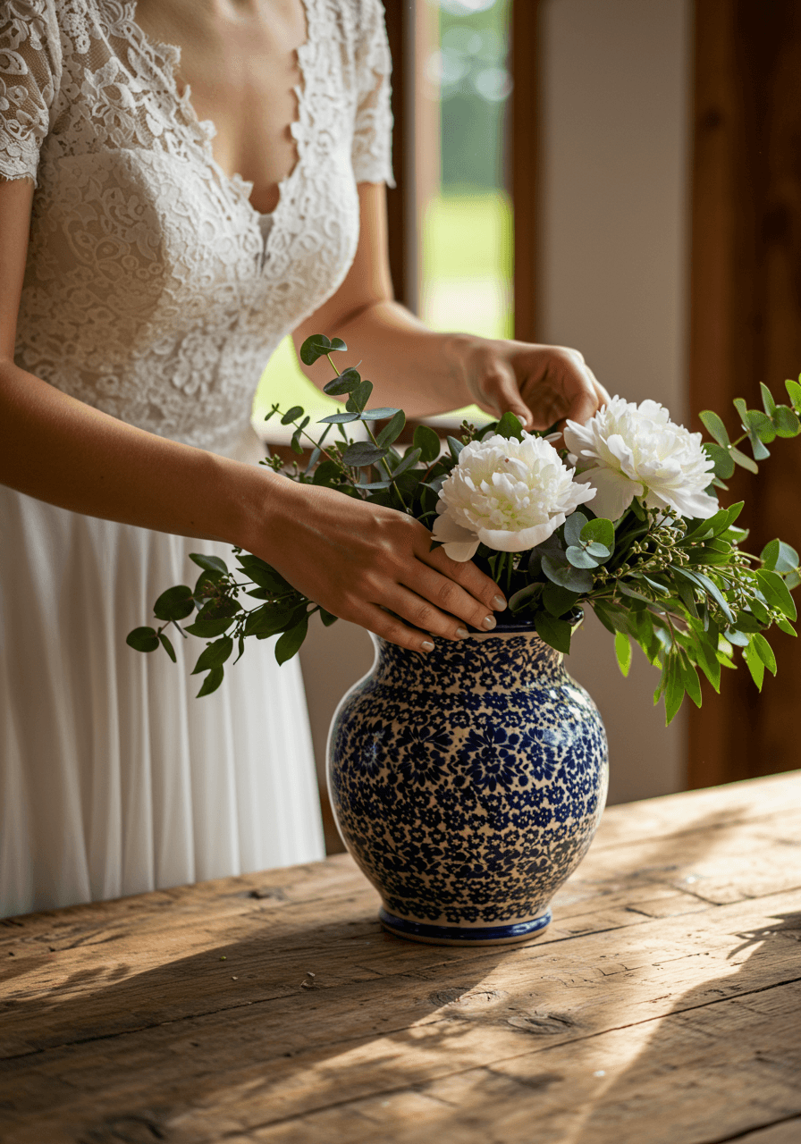 Bride's hands arranging white peonies in traditional blue Polish pottery vessel on rustic wooden table
