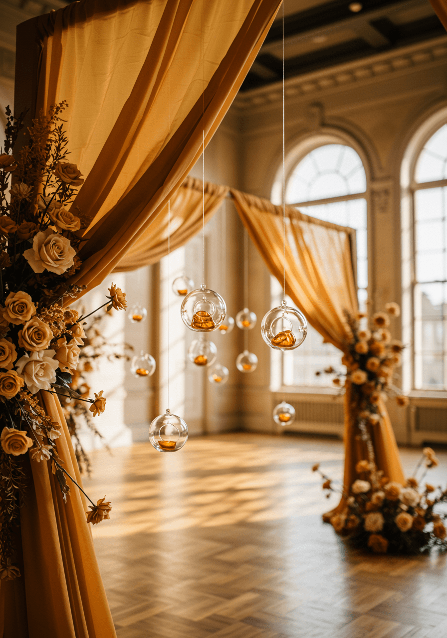 Detail view of suspended amber glass spheres and honey-toned fabric elements in wedding ceremony decor