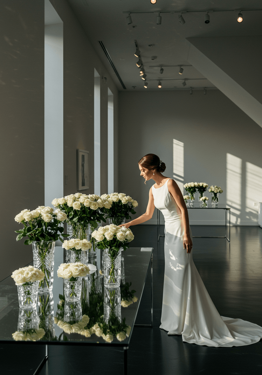 Wide view of bride in modern wedding dress with Polish crystal displays in minimalist gallery venue