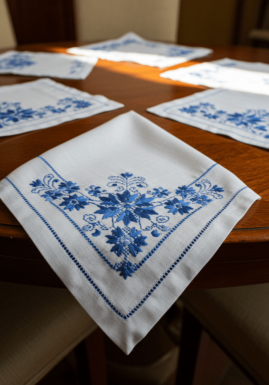 Close-up detail of white linen napkins with traditional Kashubian embroidery in blue and white floral patterns