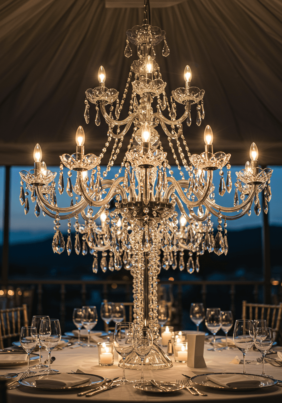 Sophisticated crystal chandelier with cascading Polish cut glass elements creating prismatic light effects above wedding reception table