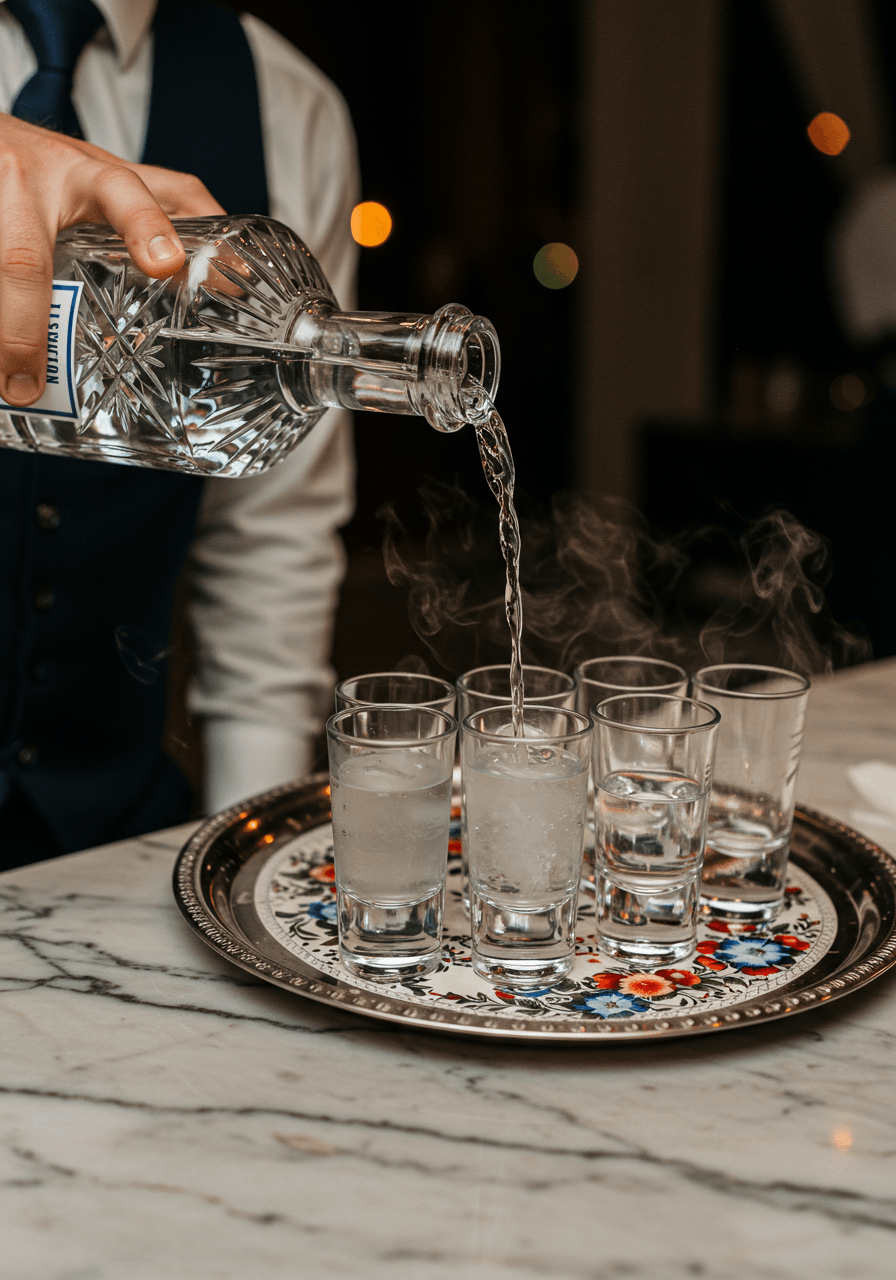 Bartender pouring premium Polish vodka from crystal decanter into chilled shot glasses on marble bar surface