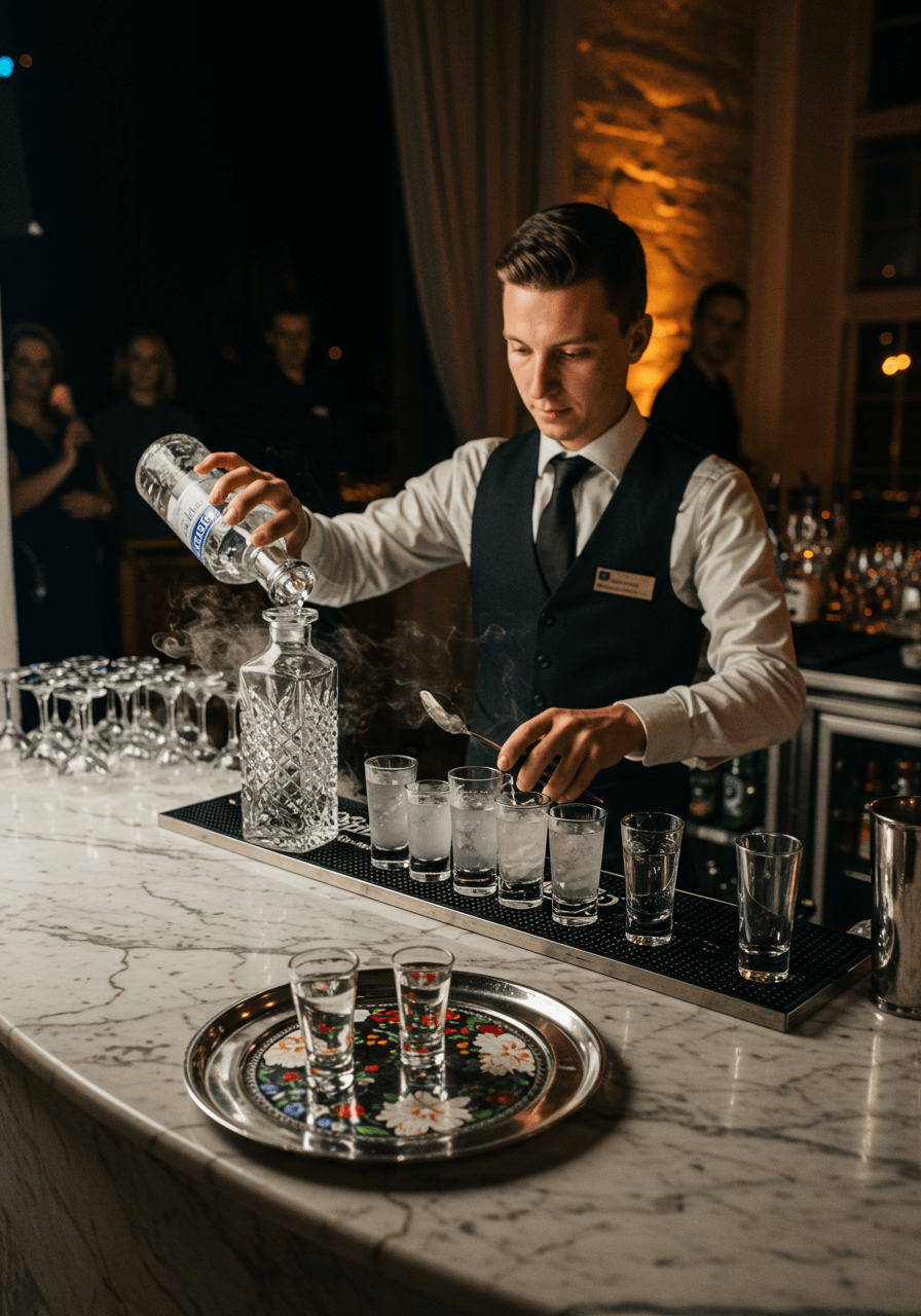 Wide view of elegant bartender workspace with Polish vodka service setup and dramatic lighting effects