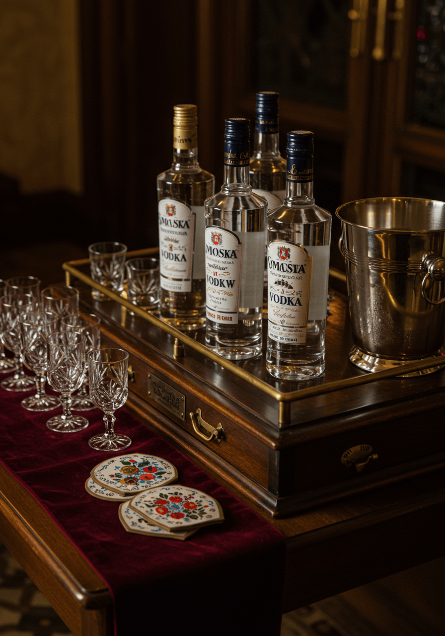 Elegant Polish vodka tasting station with crystal decanters and brass accents on dark wooden bar cart